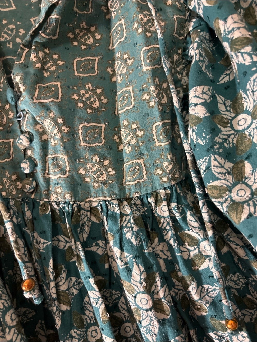 Free People Green/Teal Floral Maxi Dress with Puff Sleeves - Picture 6 of 9